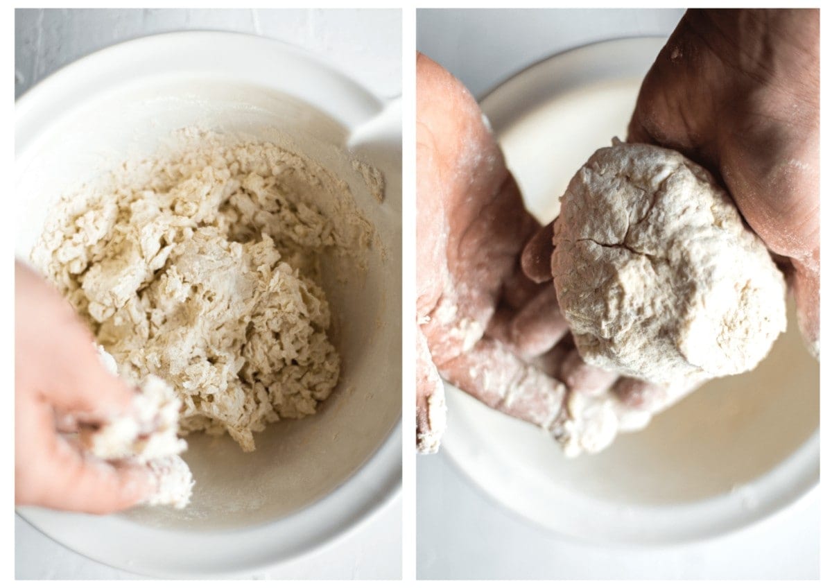 Two pictures side by side of hands in the bowl forming the dumpling dough, once the water has been added.