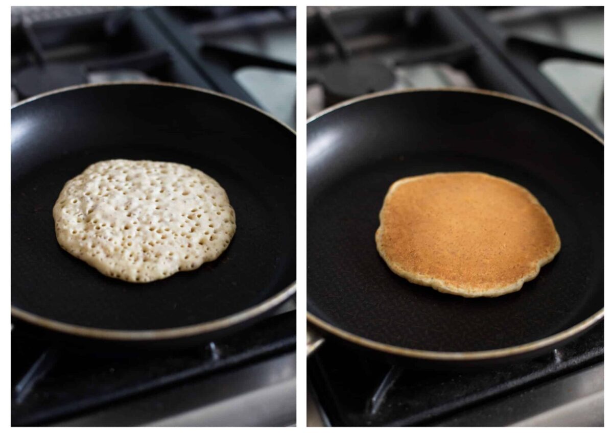 Side by side photos of a pancake during cooking.