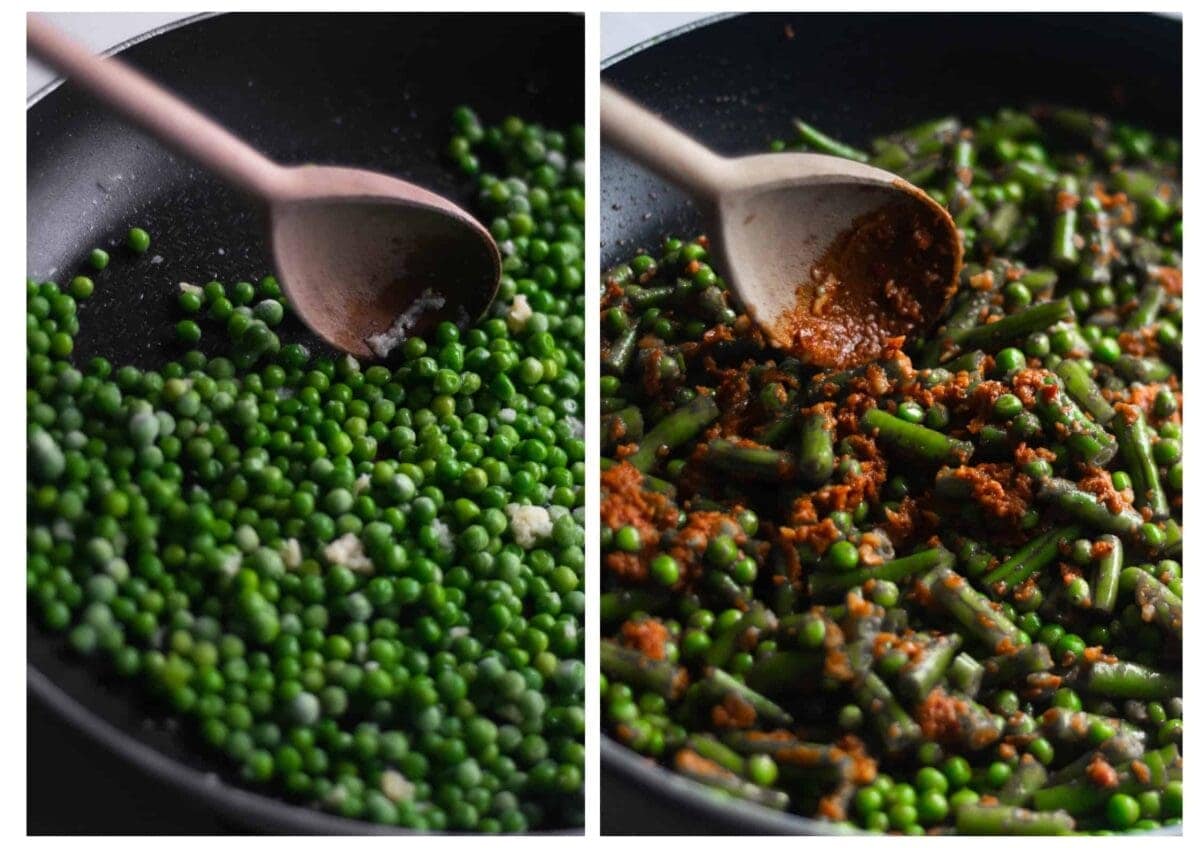 Two photos side by side. One of the peas in the pan and the other of the peas, beans and rose harissa pesto together.