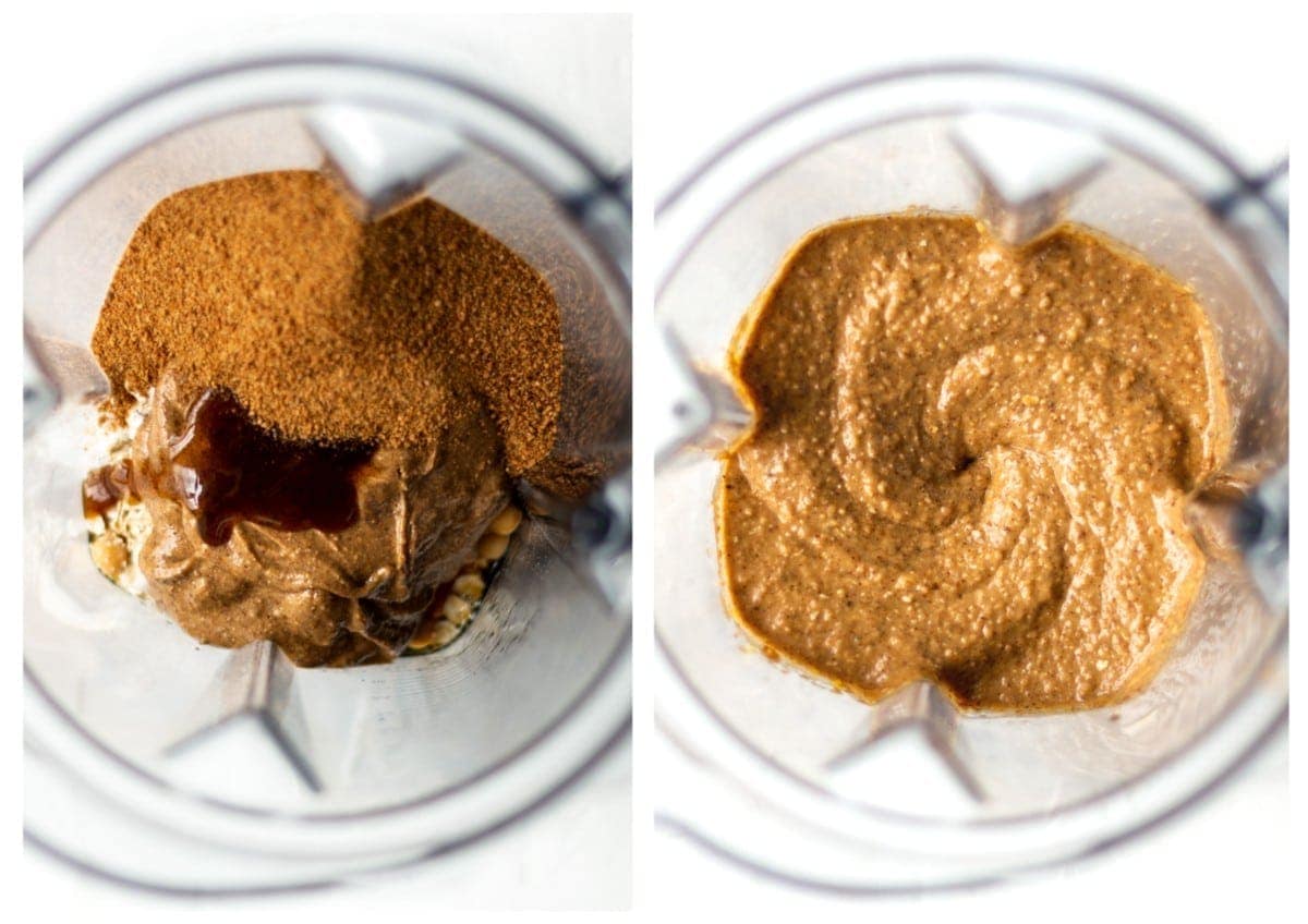 Overhead view of the chickpea cookie ingredients inside the blender, before and after mixing.