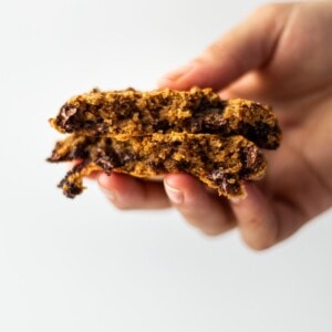 Side view of a stack of the chocolate chickpea cookies.