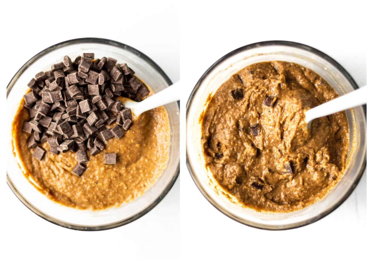 Cookie batter in a glass bowl. On the left with the chocolate chunks on top, and on the right, after the chocolate chunks have been folded in.