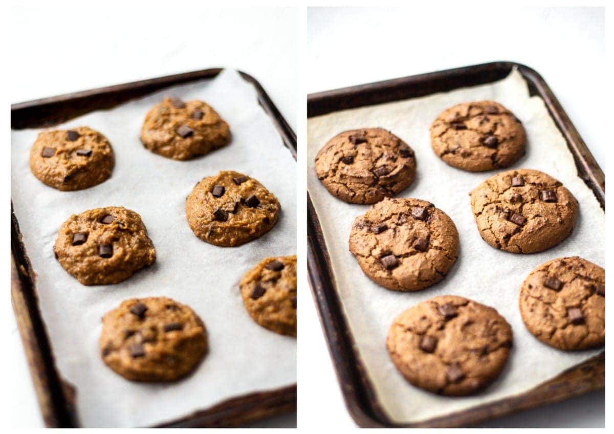 The cookies on a baking tray before and after baking.