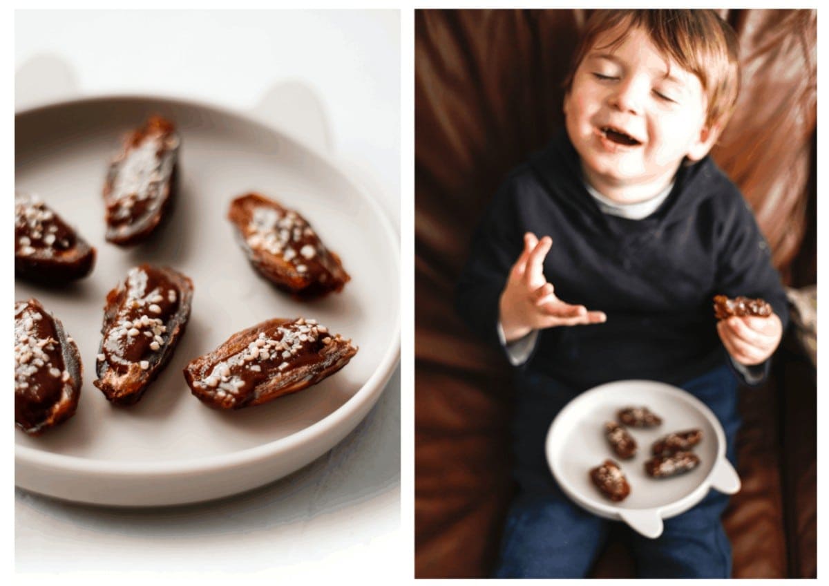 Two side by side photos. On the left, chocolate orange spread spooned in to halved medjool dates, topped with hemp seeds. On the right, a picture of my toddler with a plate of them on his lap, smiling.