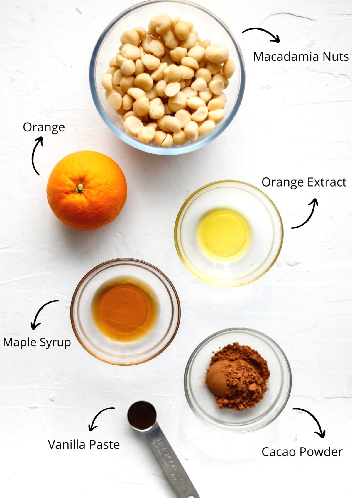 Overhead view of the chocolate orange spread ingredients.