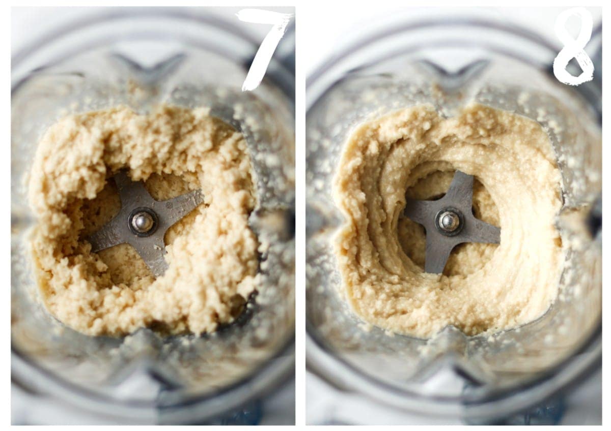 Macadamia nuts in the blender jug towards the end of being blended in to nut butter.