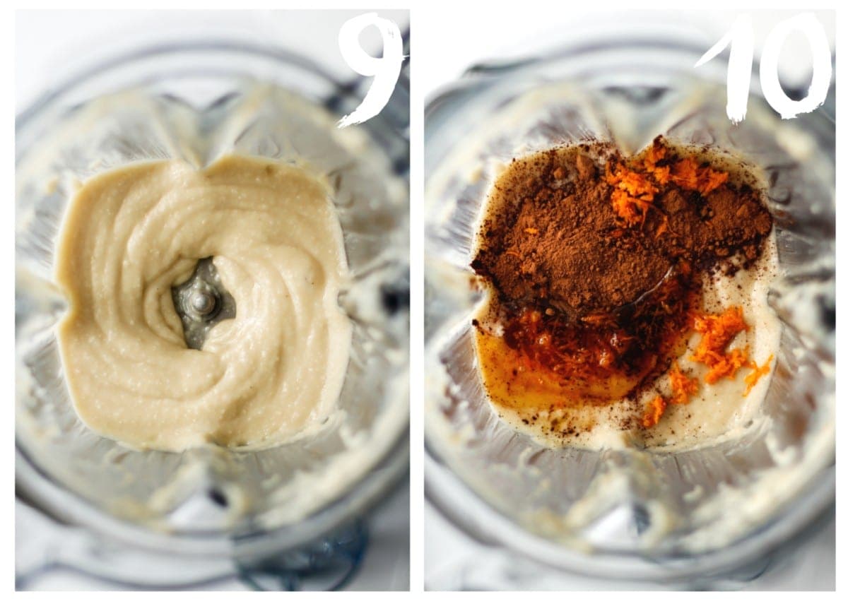 Overhead view of inside the blender. On the left the creamy smooth blended macademia nuts. On the right, the blended nuts, topped with the remaining ingredients prior to blending again.