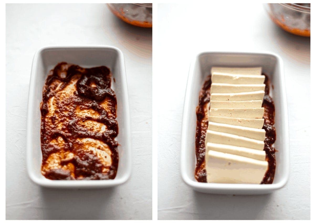 Side by side photos of a white dish, on the left its layered with some of the marinade, on the right the sliced tofu is placed on top in a line.