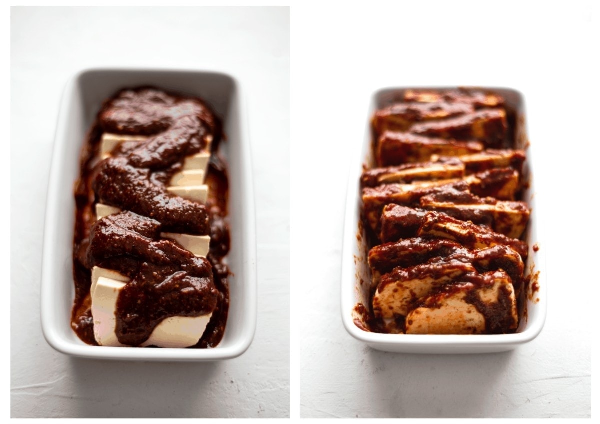 Side by side photos of the tofu being topped with marinade and then the marinade being spread evenly over the lined up tofu slices.