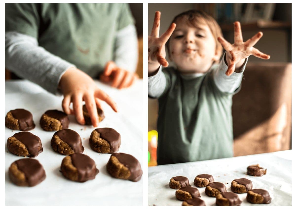 Pictures of my three year old eating the raw vegan cookies, with very chocolatey hands.