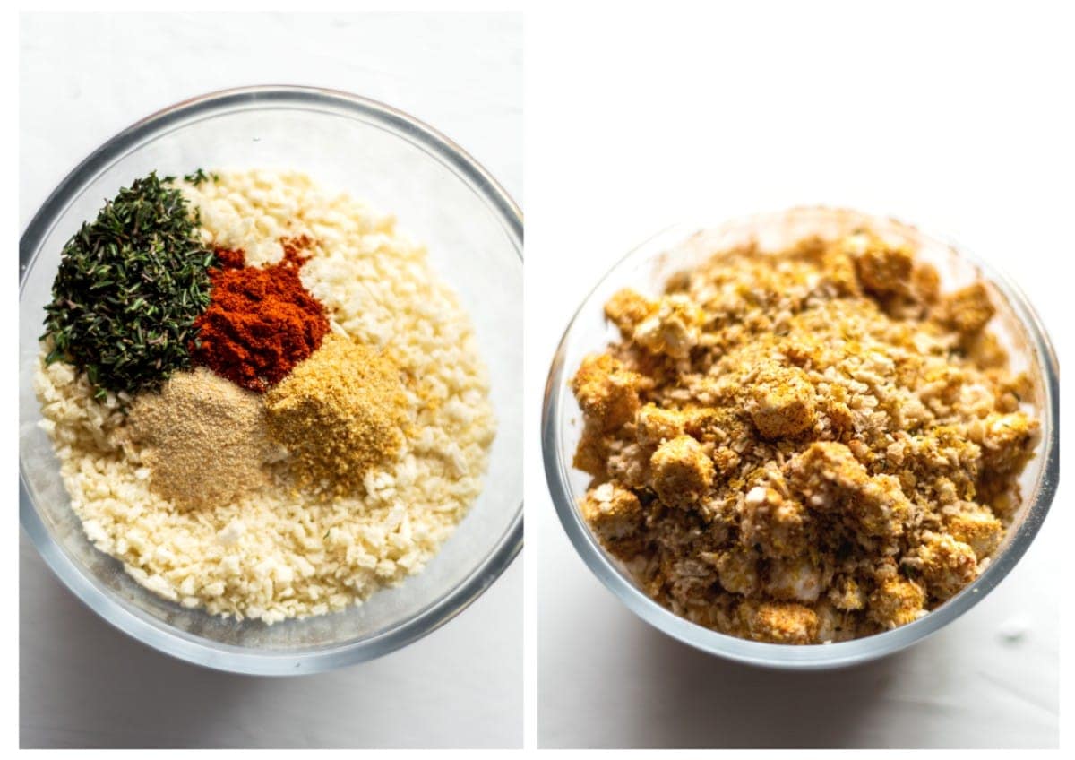 Side by side photos of the crumb ingredients in a glass bowl before and after being mixed.