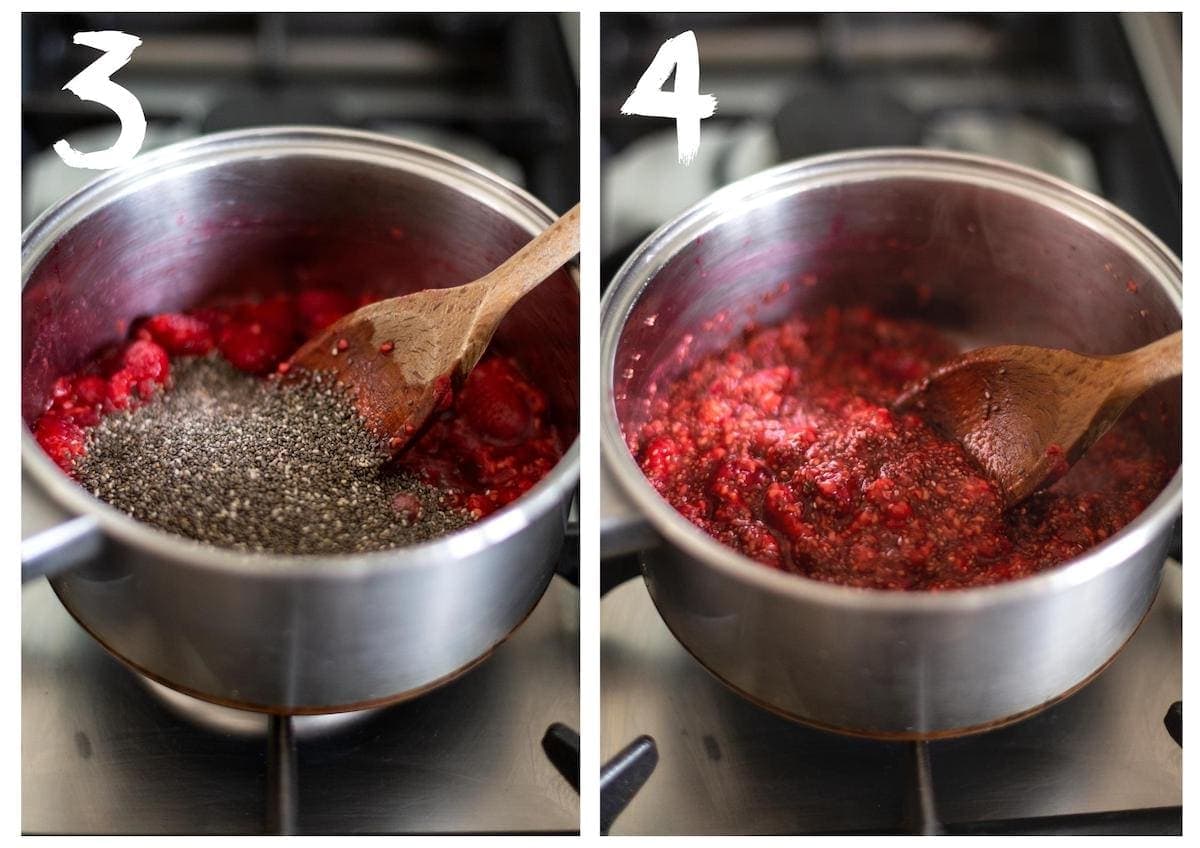 Side by side shots of the chia seeds being added to the saucepan of raspberries and then stirred in.