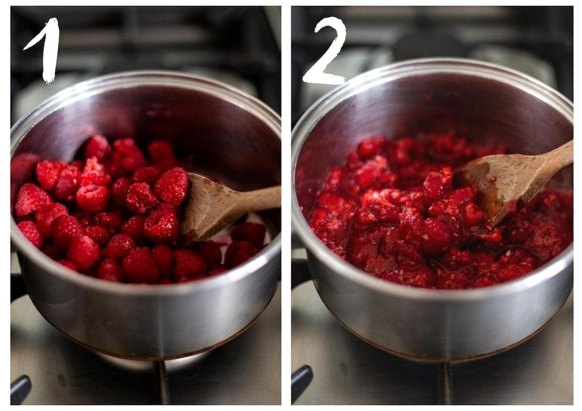 Side by side shots of the raspberries cooking in the saucepan.