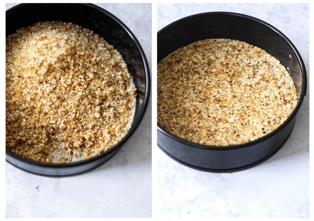Two photos, side by side, of the cheesecake base in the tin before and after being pressed.