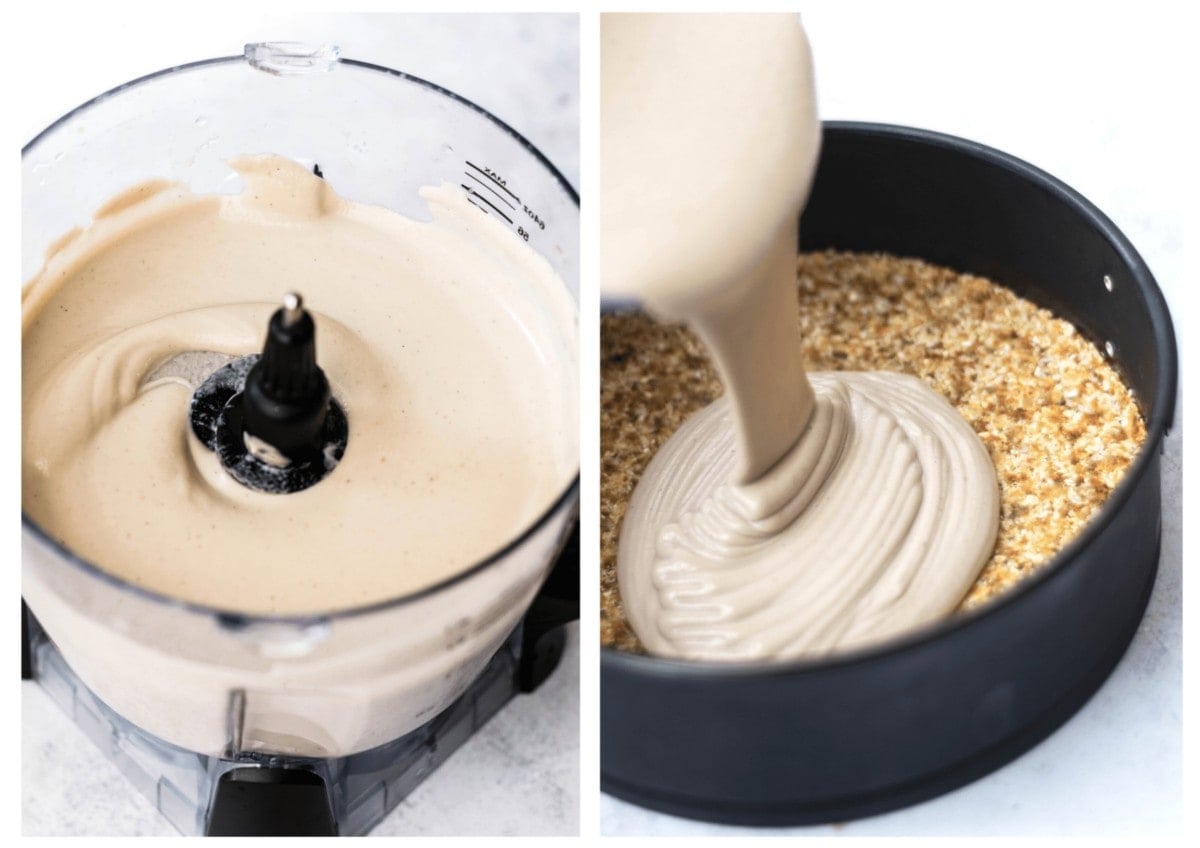 Two photos side by side. On the left the blended strawberry cheesecake mixture in the food processor, and on the right, the mixture being poured on to the cheesecake base.
