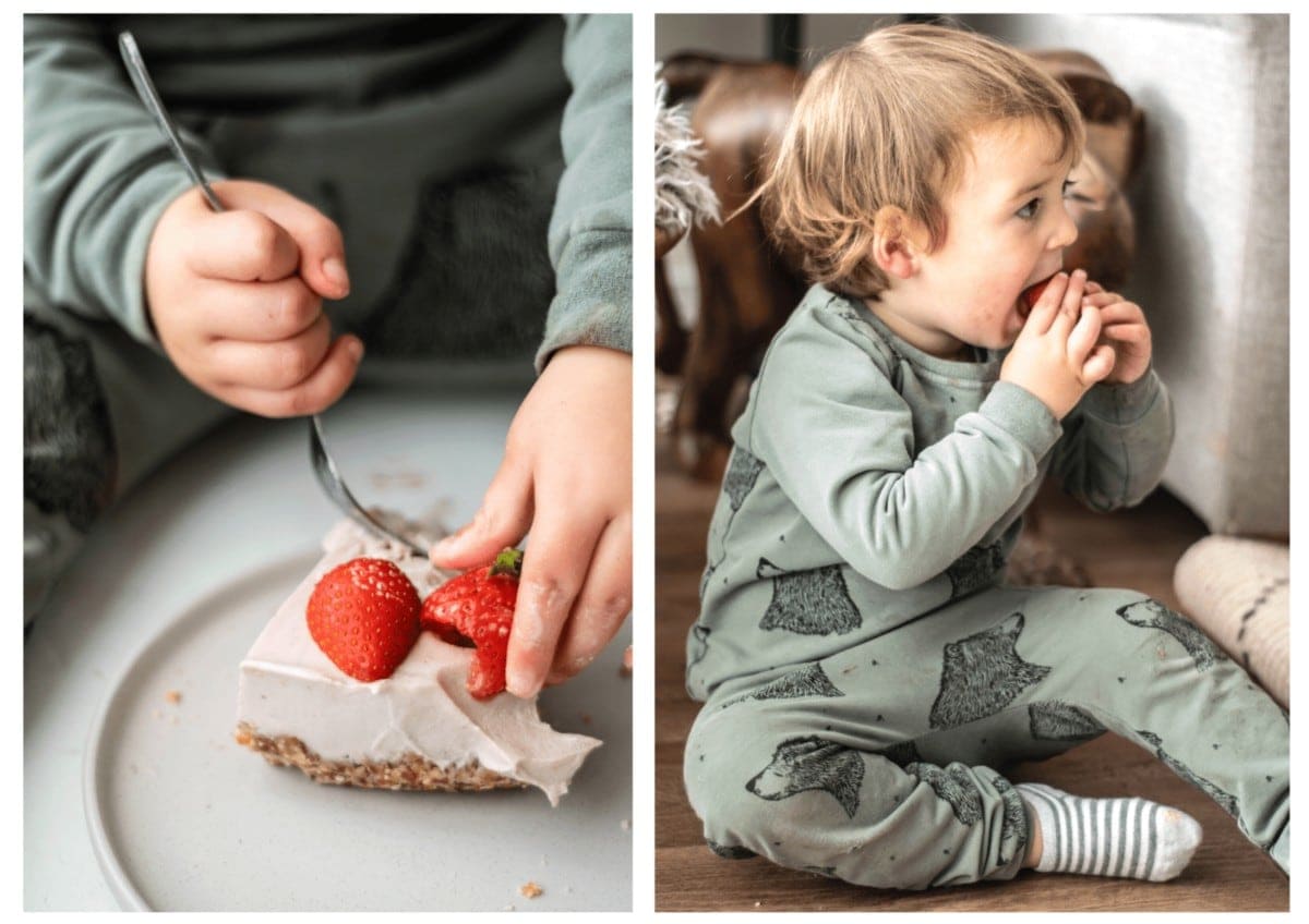 Photos of the strawberry cheesecake being enjoyed by our toddler.