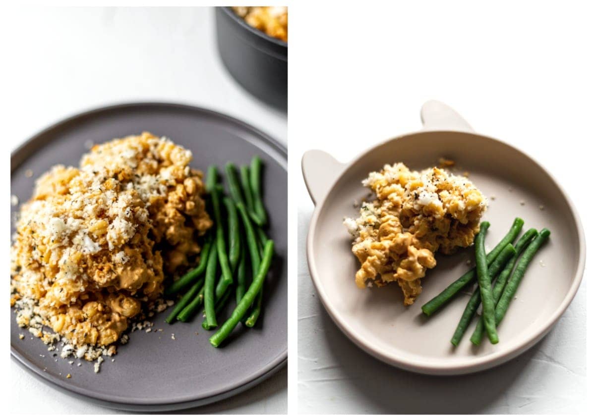 Side by side pictures of an adult and a child plate with portions of mac and cheese, with green beans.