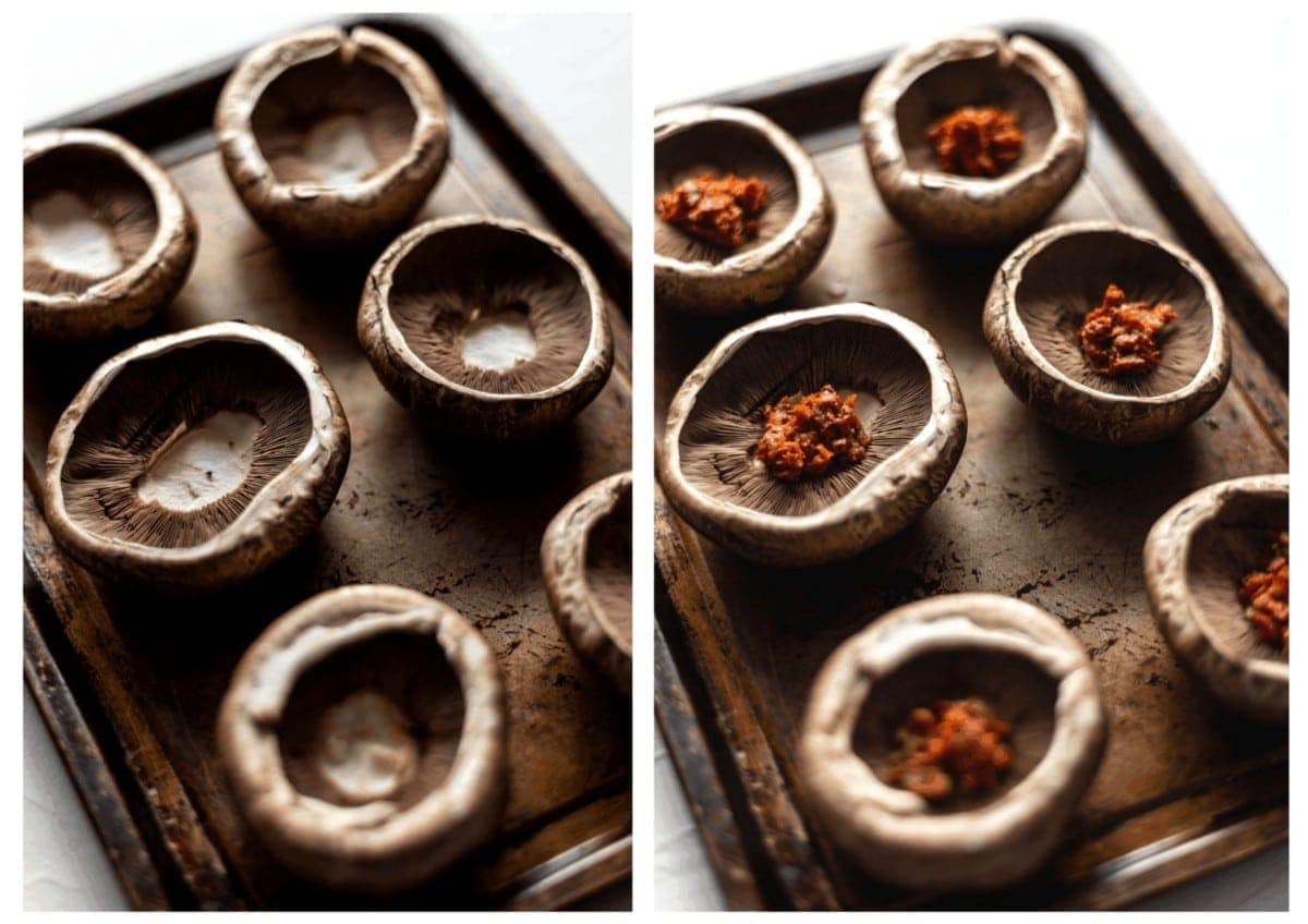 Side by side view of the mushrooms on a baking tray before and after filling with the sundried tomato and miso paste.