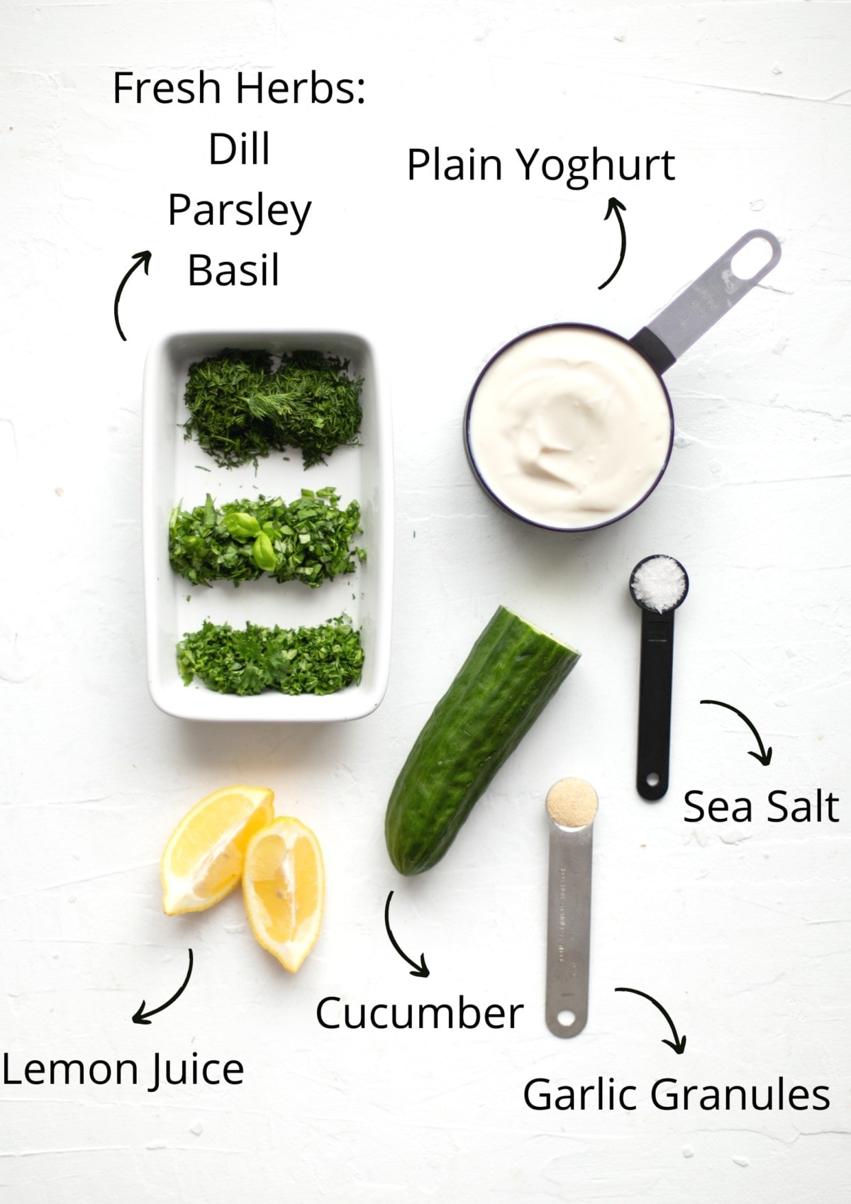 Overhead view of the vegan tzatziki Ingredients.