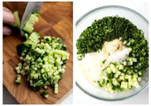 Two photos side by side. On the left, the cucumber being diced on a chopping board. On the right, all of the ingredients in a glass bowl, prior to being mixed together.