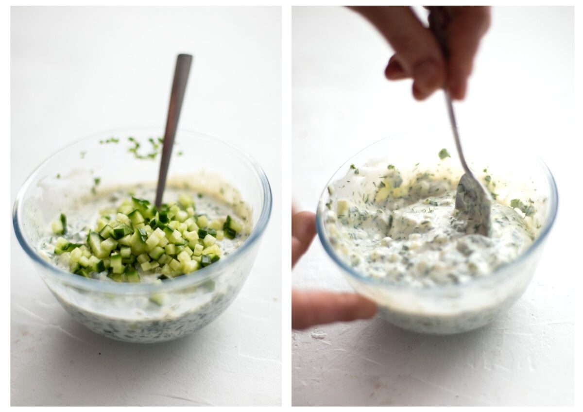 Side by side photos of the tzatziki in glass bowls before and after the cucumber is stirred in.