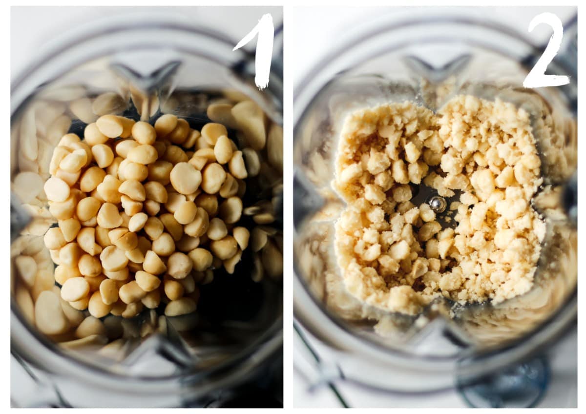 Macadamia nuts in the blender jug at the start of being blended in to nut butter.
