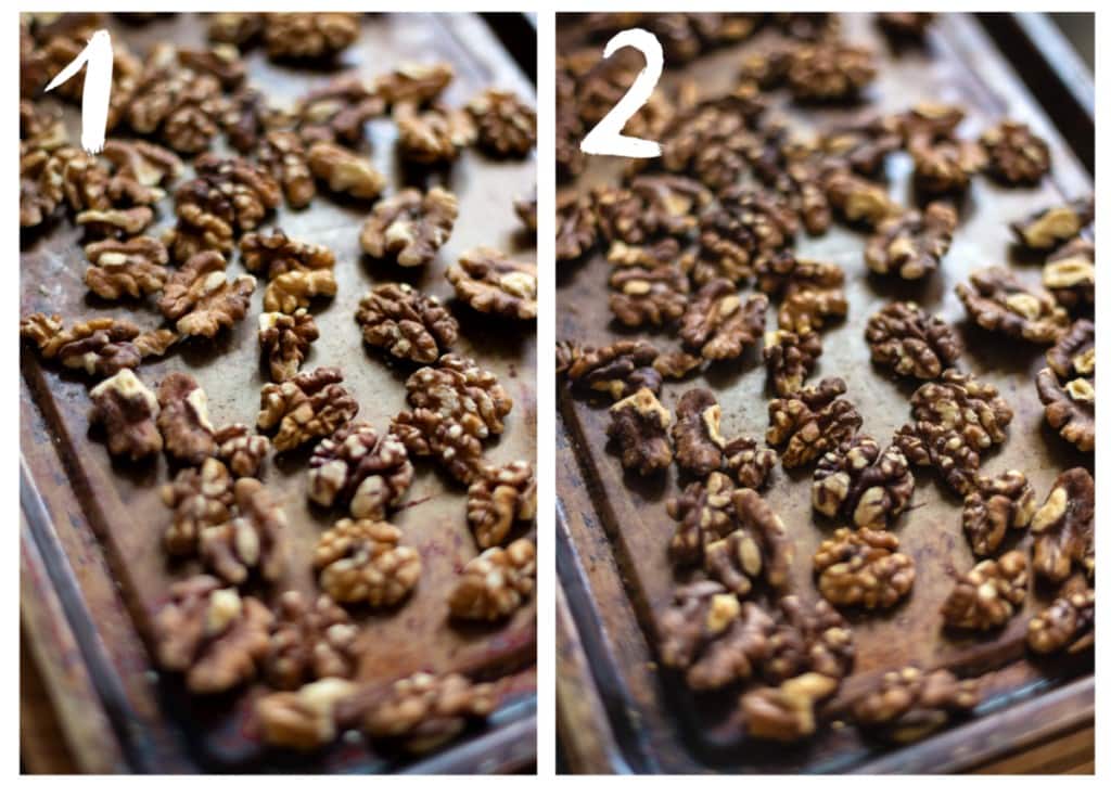 Side by side photographs of a tray of walnuts, before and after roasting.