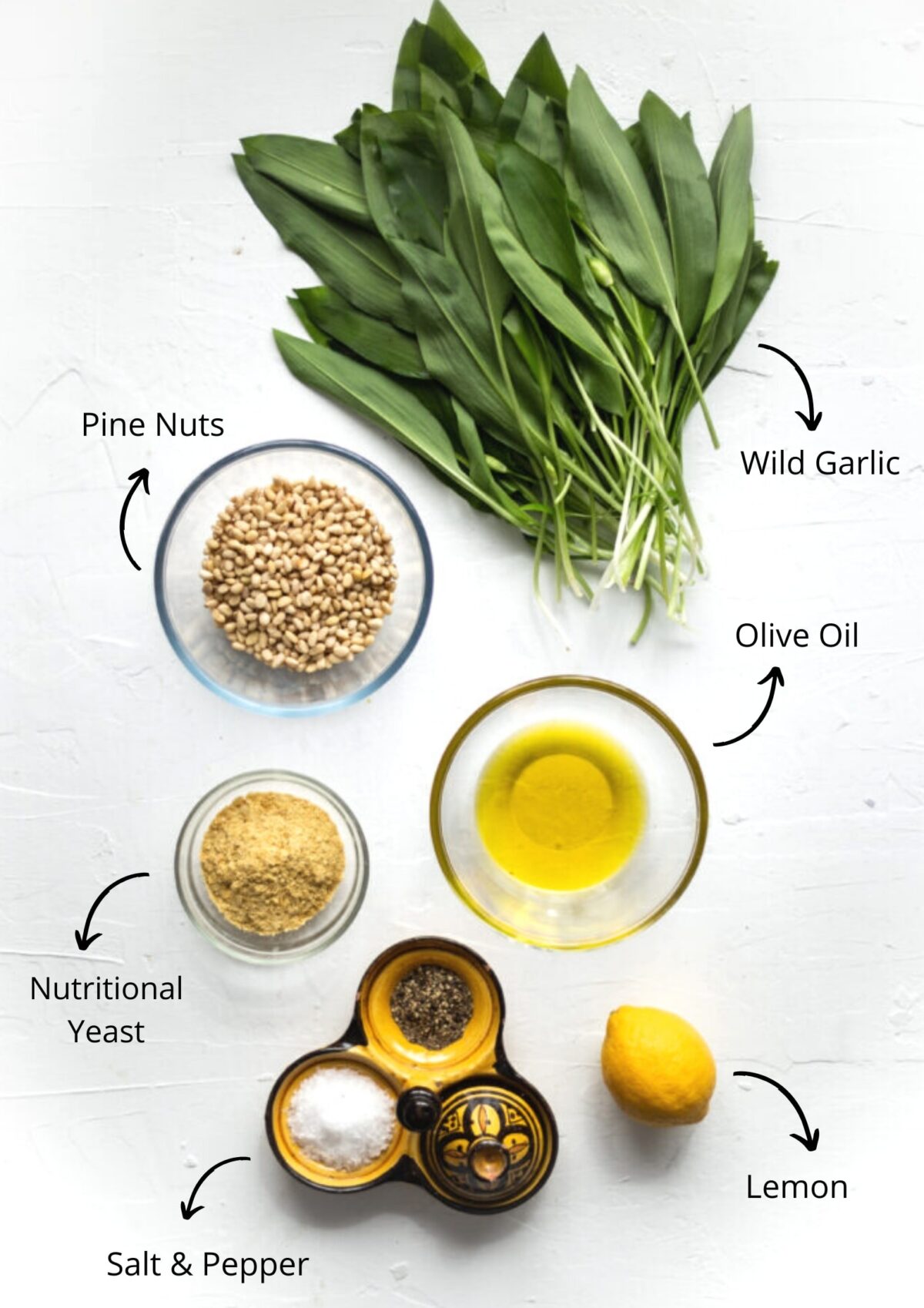 Pine nut and wild garlic pesto ingredients, photographed from above.