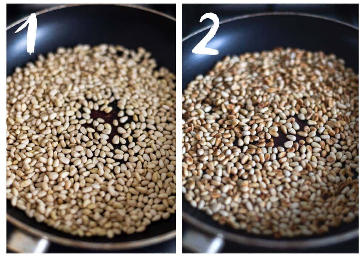 Side by side pictures of the pine nuts being toasted in a frying pan. before and after toasting.