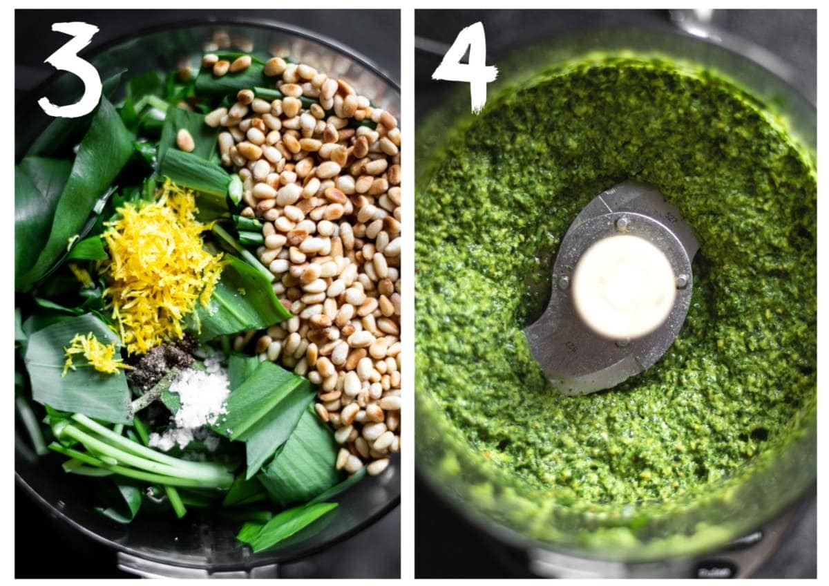 The ingredients for wild garlic and pine nut pesto in a food processor. Side by side photos, before and after blitzing.