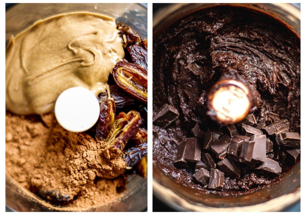 Side by side photos of the ingredients in a food processor before and after blitzing.