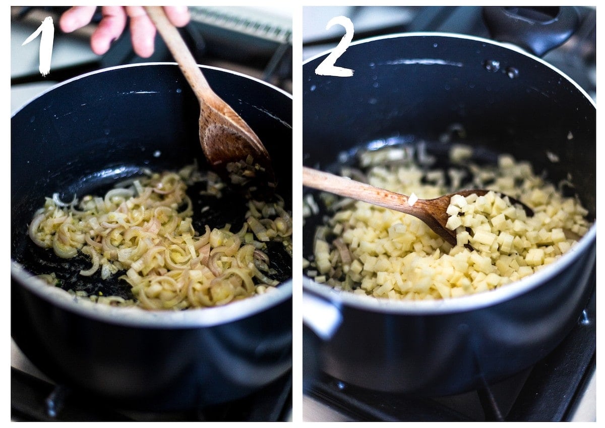 Side by side photos of the pan on the hob. On the left, with shallots being stirred. On the right, with the diced potato being added.