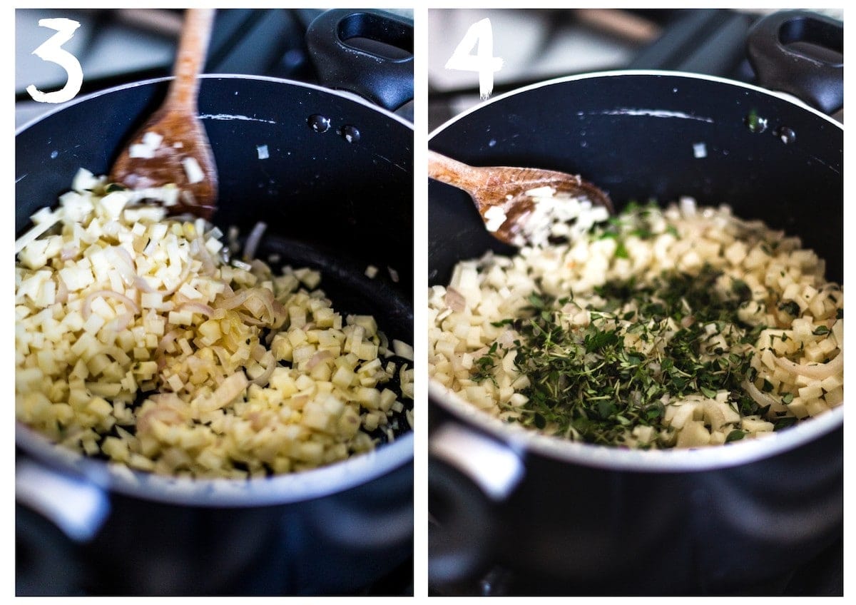 Side by side photos. On the left the sweated shallots, crushed garlic cloves and diced potato being stirred together and on the right with the chopped thyme being added.