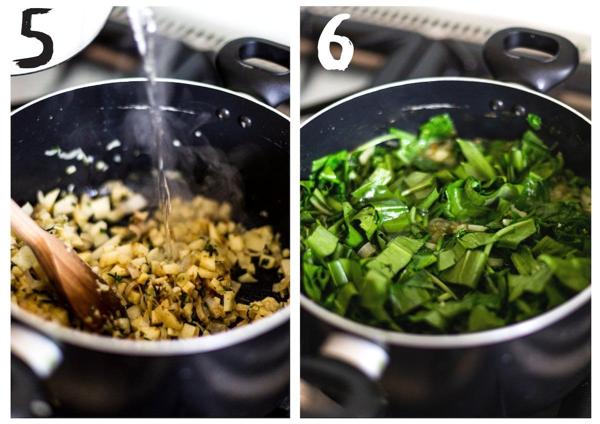 Side by side photos. On the left the sweated shallots, crushed garlic cloves, diced potato and thyme in the saucepan with topped up with boiling water. On the right with the chopped wild garlic being added to it ten minutes later.