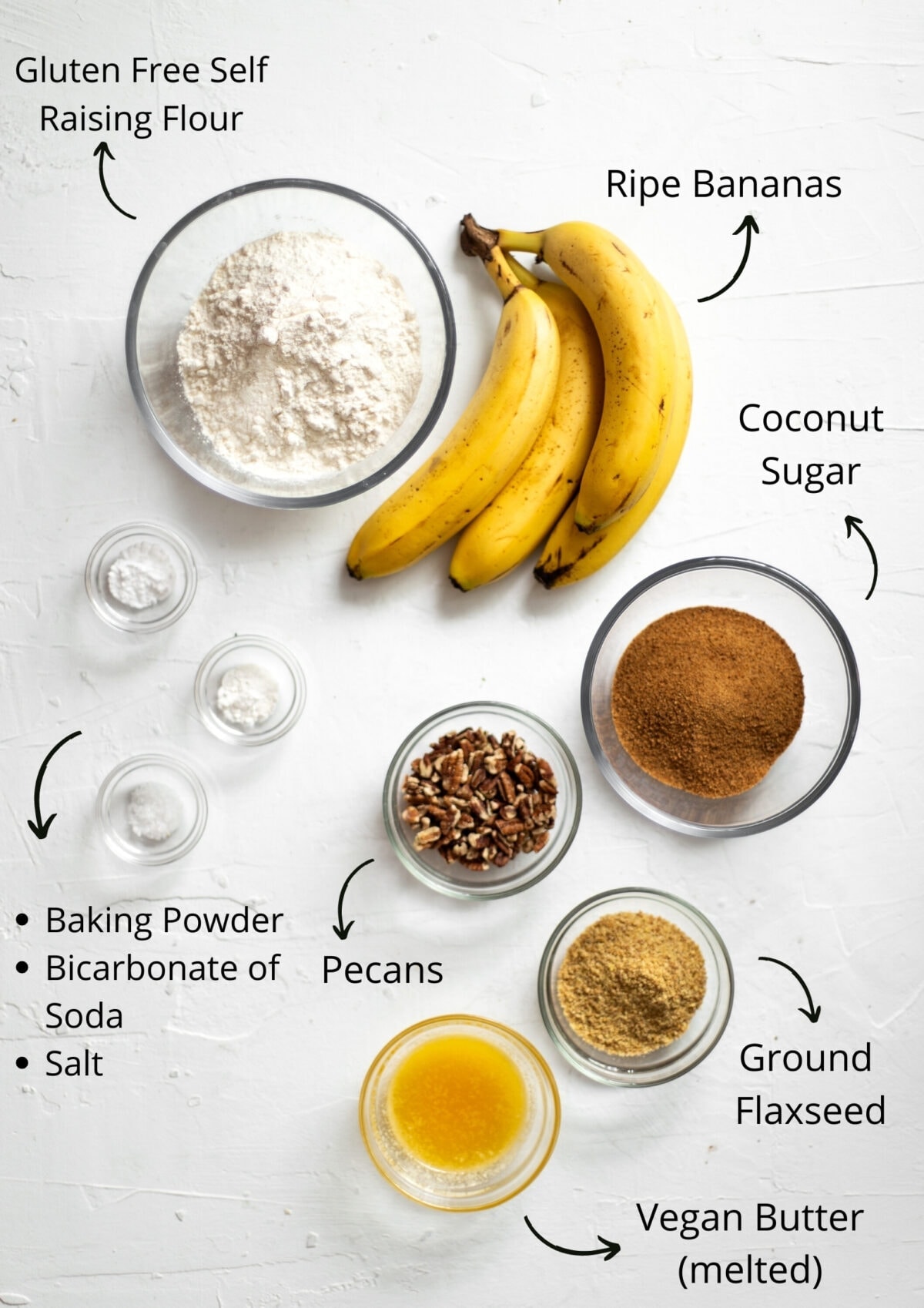Ingredients for banana pecan muffins, all laid out on a white background and labelled.