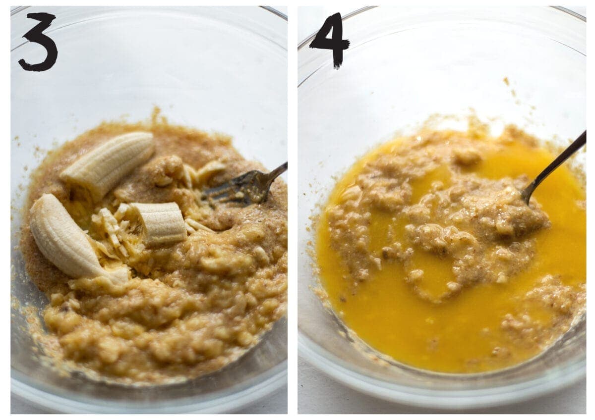 Side by side photos of adding the banana to the flax 'egg', and then adding the melted butter.