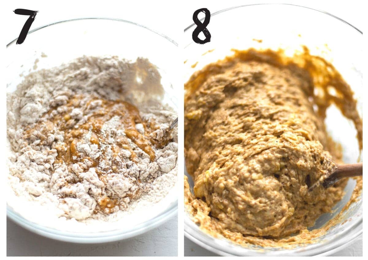 Side by side photos of adding the mixed remaining dry ingredients.