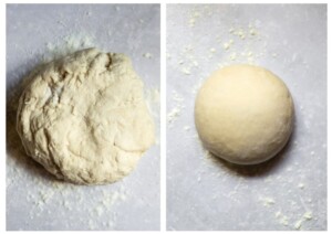 Side by side photos of the ball of pasta dough before and after kneading on a floured surface.