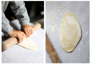Side by side photos of a quarter of the pasta dough being rolled out using a rolling pin.