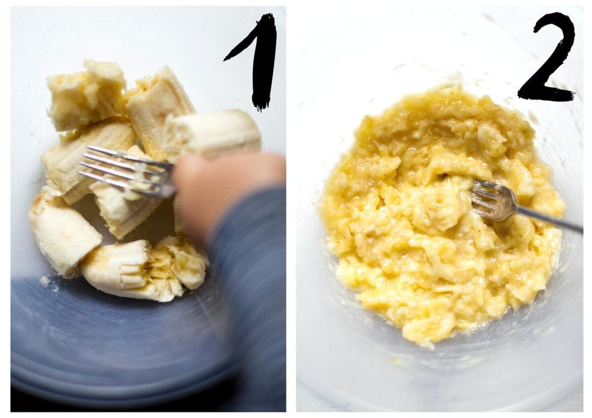 Side by side photos of glass bowl. On the left ,with banana pieces in it. On the right, with the banana being mashed with a fork.