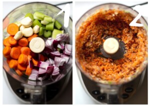 Side by side photos of the carrot, onion, celery and garlic in the food processor before and after blitzing.