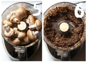 Side by side photos of the chestnut mushrooms in the food processor, before and after blitzing.