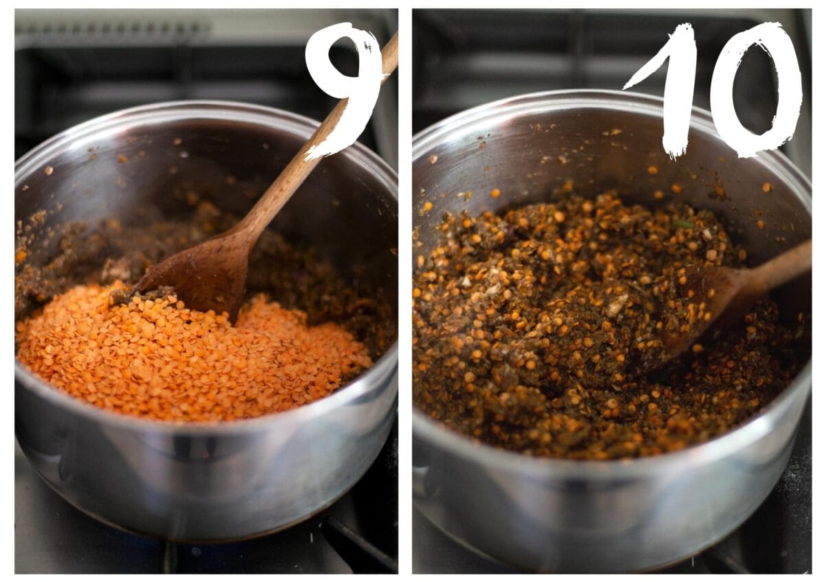 Side by side photos of the lentils being added to the bolognese.