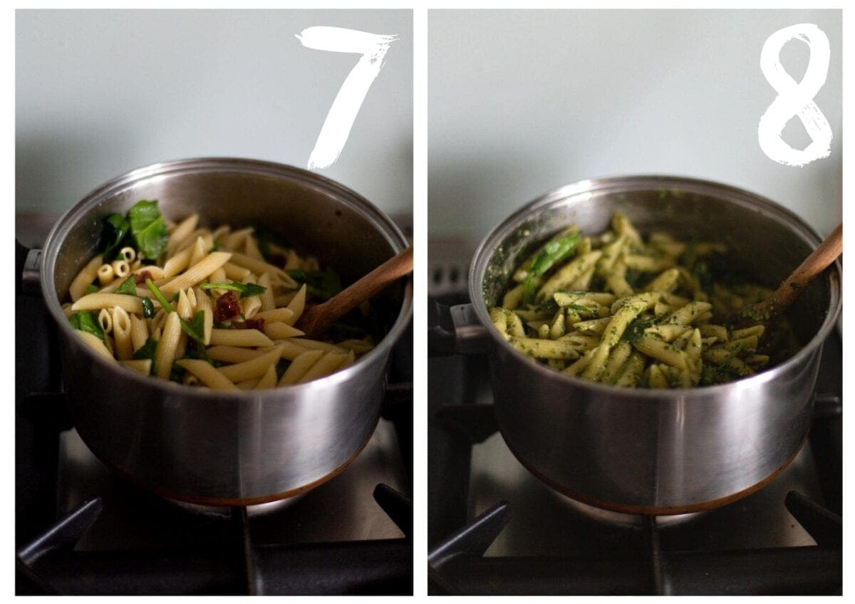 Side by side photos of the pasta and vegetables stirred together, and then with the pesto being added and stirred through.