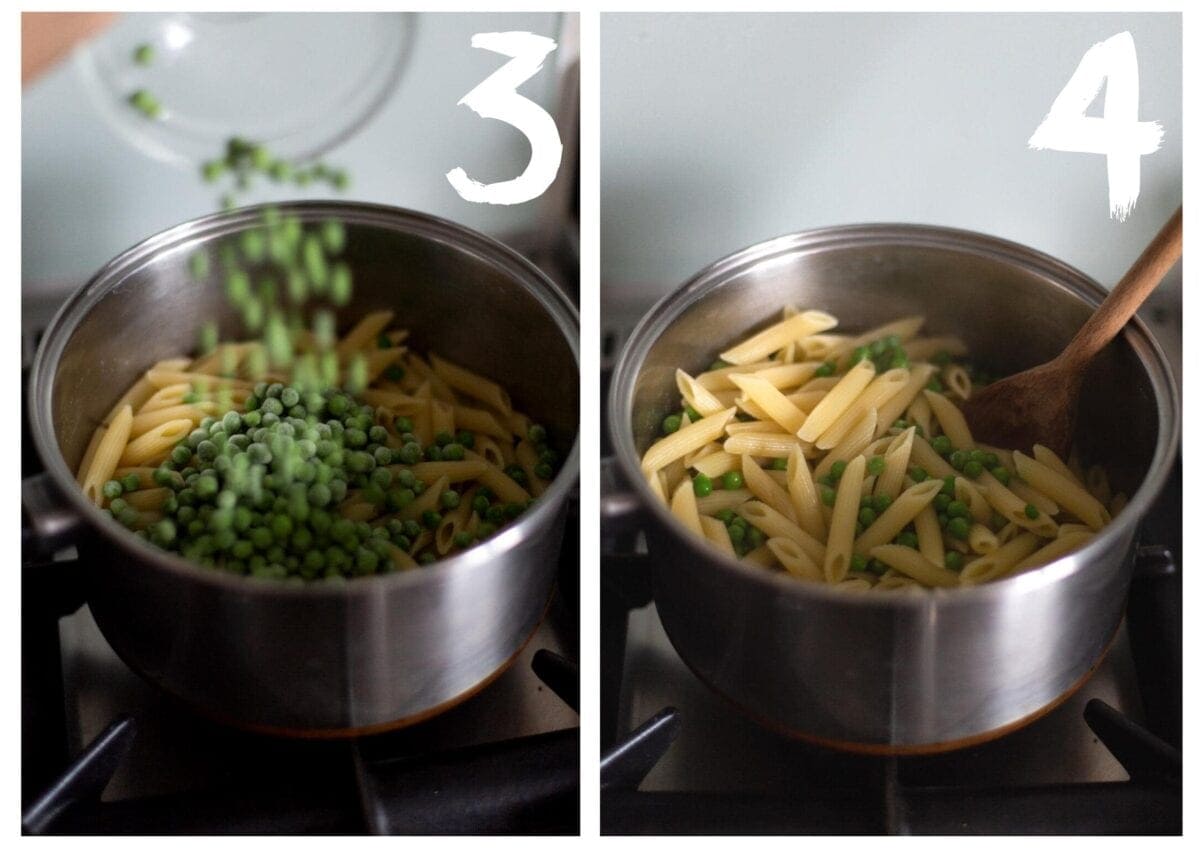 Side by side photos of the peas being added, and stirred in, to the cooked pasta in a silver saucepan.