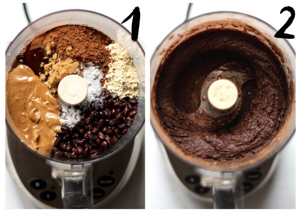 Side by side photos of the vegan black bean brownie ingredients before and after blending together in the food processor.