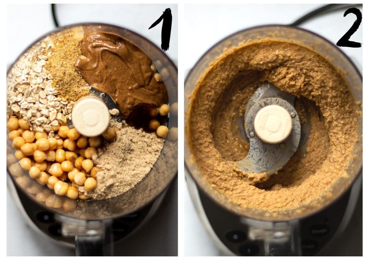 Side by side images of the edible vegan cookie dough ingredients in the food processor, minus the chocolate chips, before and after blending.