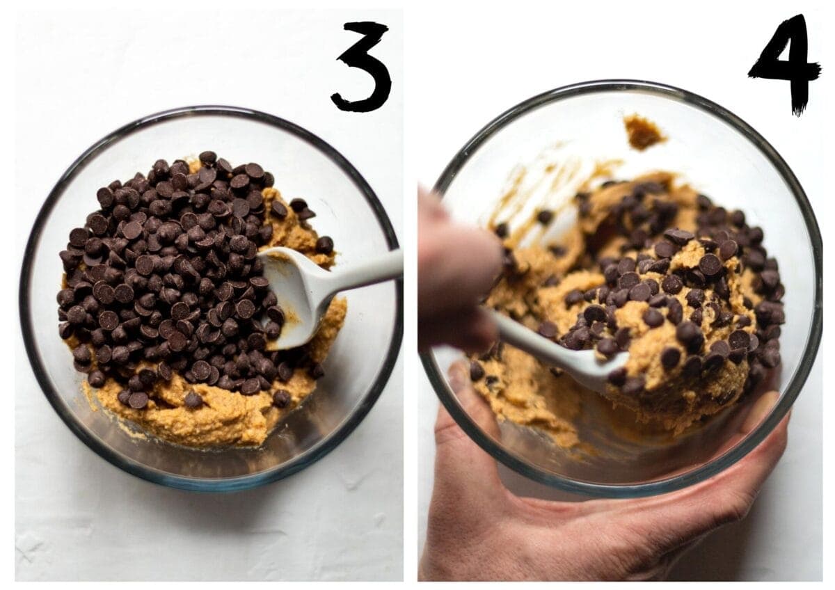 Side by side photos of the chocolate chips being stirred in to the vegan cookie dough, using a small grey spatula, in a glass bowl on a white background.