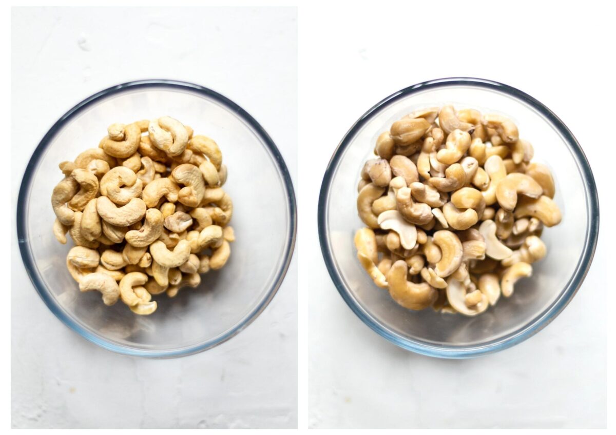 Side by side photos of a glass bowl, on the left it's filled with raw cashews, on the right is once they've been soaked.