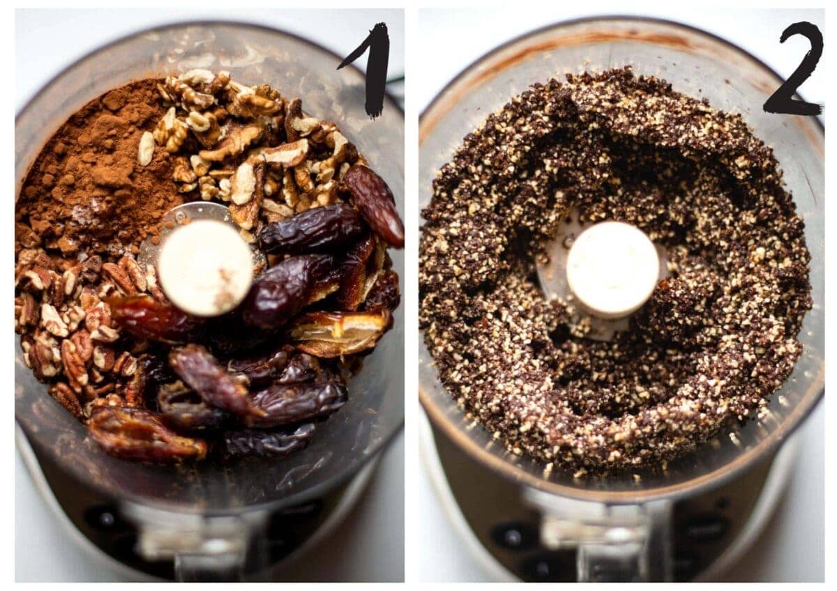 Two photos showing the base ingredients in the food processor, before and after blitzing.